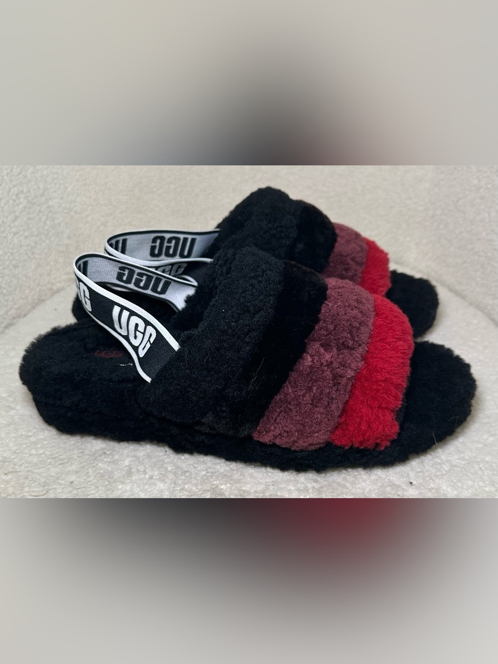 UGG Fluff Yeah Multicolor Shearling Slingback Sandals Black Red Cozy Fuzzy Cute